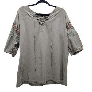 Umgee USA Boho Peasant Top Lace and Cross Stitch Bishop Sleeves Size L Olive